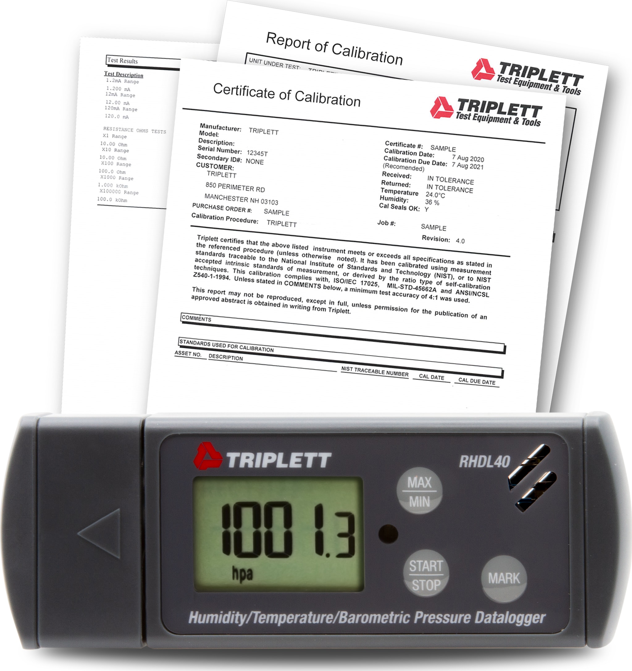 Triplett RHDL40-NIST - Temperature/ Humidity/Barometric Pressure USB-PDF Datalogger with Certificate of Traceability to N.I.S.T