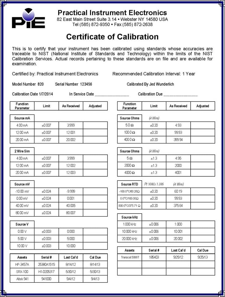 PIE Certified Test Data-1 New Orders Only- Replaces Standard Nist Free Cal