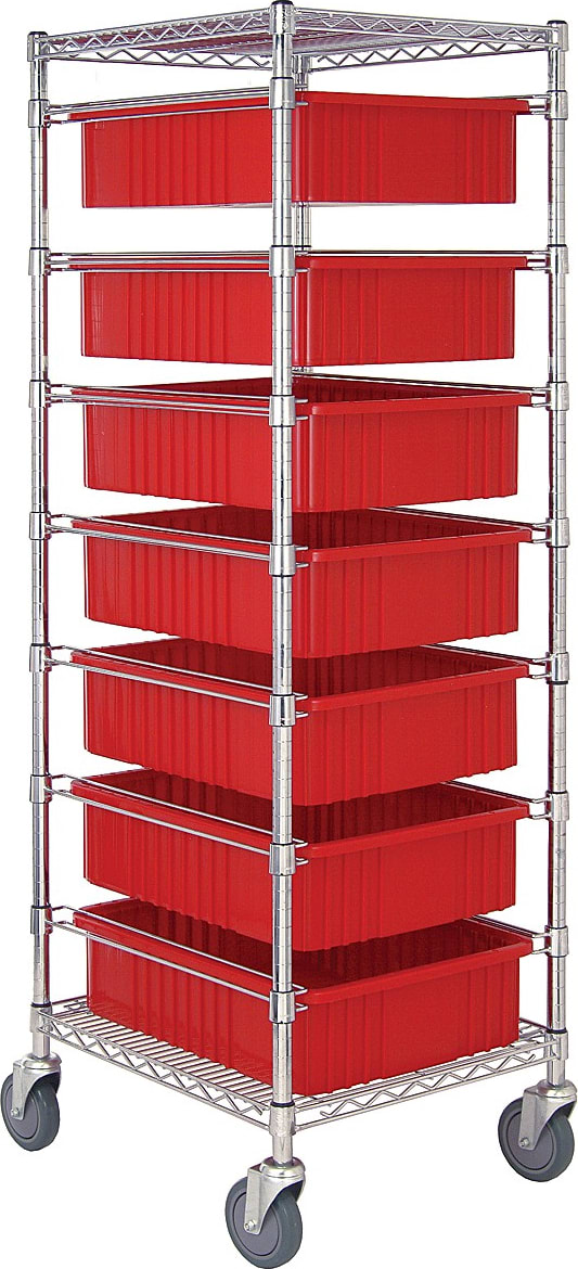 Quantum Storage BC212469M1RD - 7 Levels Bin Cart w/7 DG93060 Bins, Red, 24'W x 21'L x 69'H