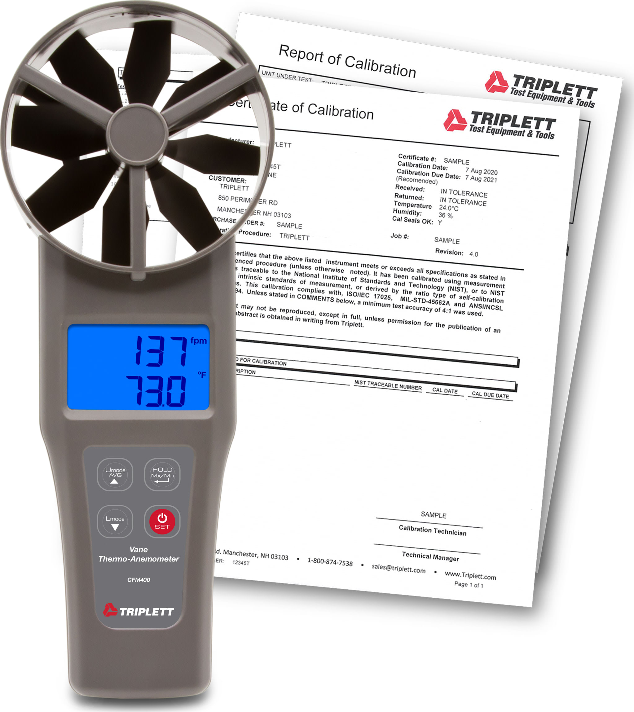 Triplett CFM400-NIST - 4' (100mm) Large Vane CFM/CMM Thermo-Anemometer With NIST Certificate